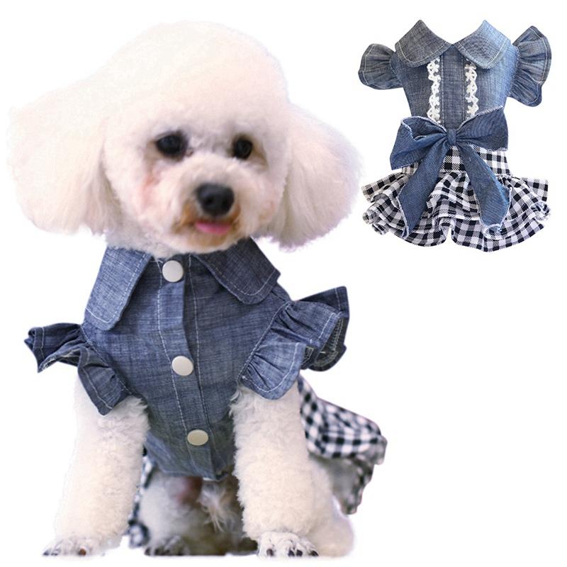 Summer Dogs Dress Pet Denim Plaid Dresses for Small Dogs Pomeranian Chihuahua Puppy Kitten Skirt Princess Dress Pet Clothing