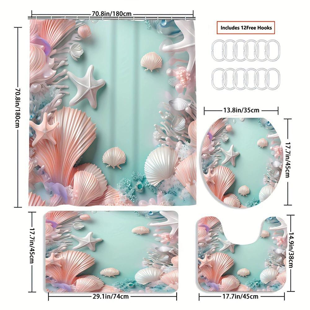 Ensemble de salle de bain récif corallien sous-marin enchanteur - Rideau de douche imperméable, Housse de couvercle de toilette, Tapis de bain et Tapis contour