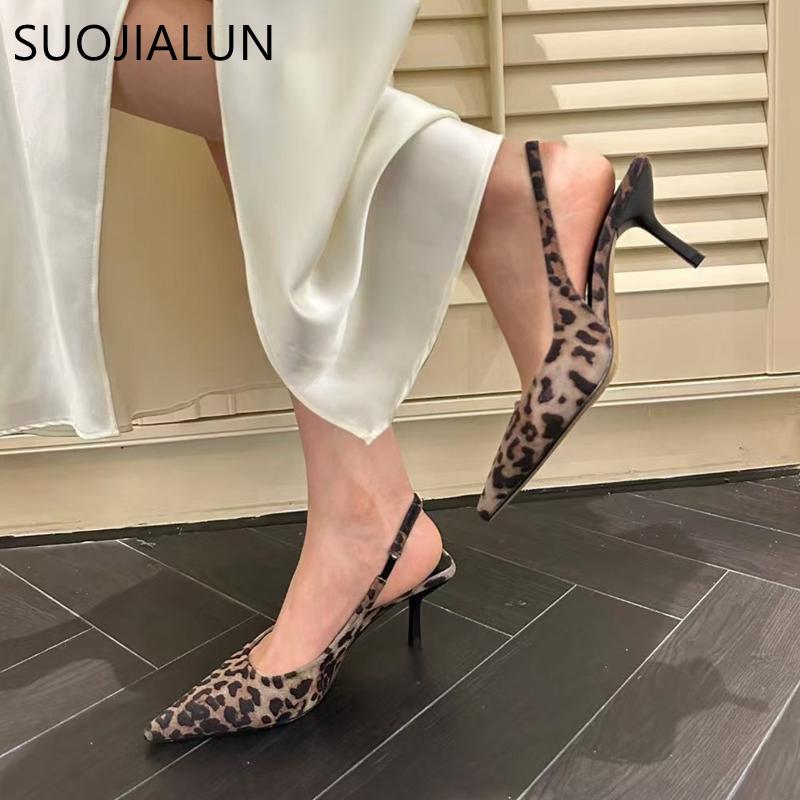 Fashion SUOJIALUN 2025 Spring Brand Women Sandal Fashion Leopard Print Ladies Elegant Slingback Shoes Pointed Toe Thin High Heel Pumps
