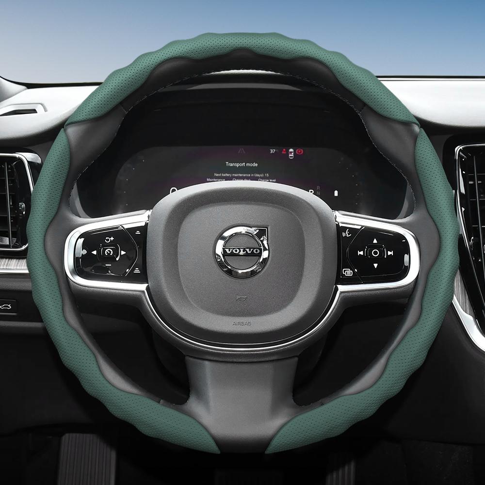 Steering Wheel Cover for Volvo, Wave-Shaped Sporty Design, Breathable Leather, Segmented, Non-Slip, Sweat-Absorb