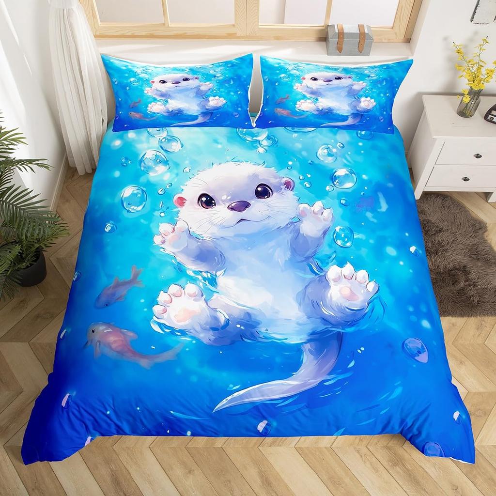 Sea Otters Duvet Cover Set For Kids Boys Girls Lightweight Quilt Covers Bedroom Decor Ocean Sea Life Themed Bedding Set No Quilt
