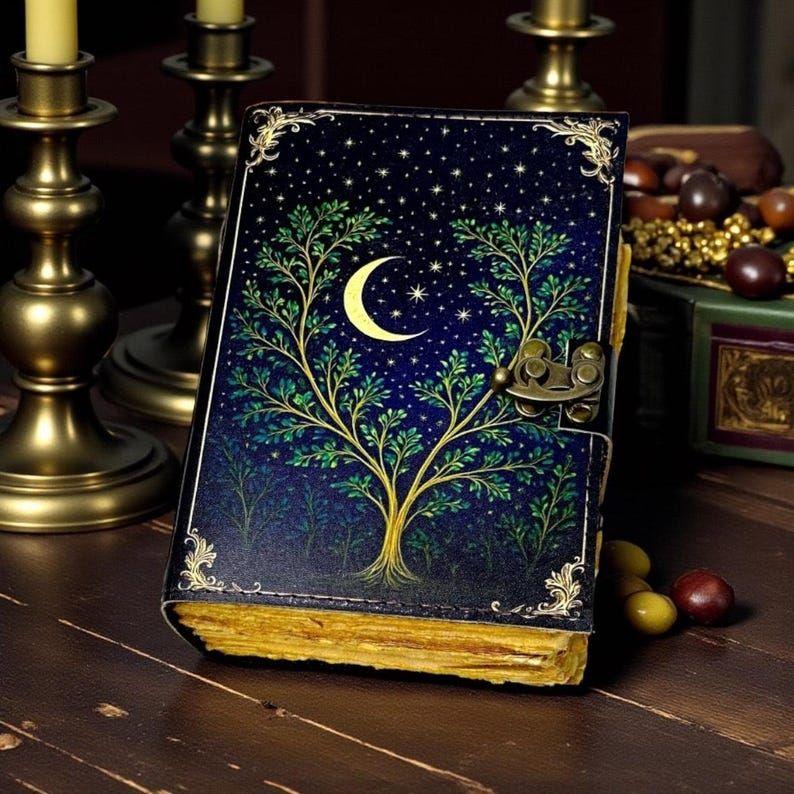 Tree of Life  Grimoire Vintage leather journal, Blank spell book of shadows 7 x 5 inch / 200 Page