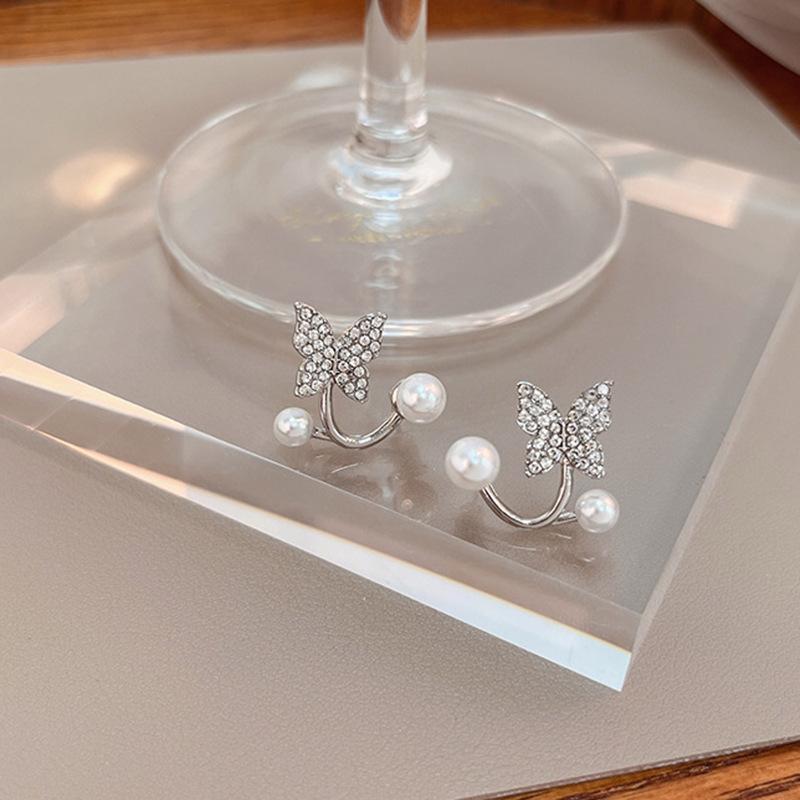 Temperament Pearl Two Earrings, Camellia Rose Bow Front And Rear Large Pearl Stud Earrings