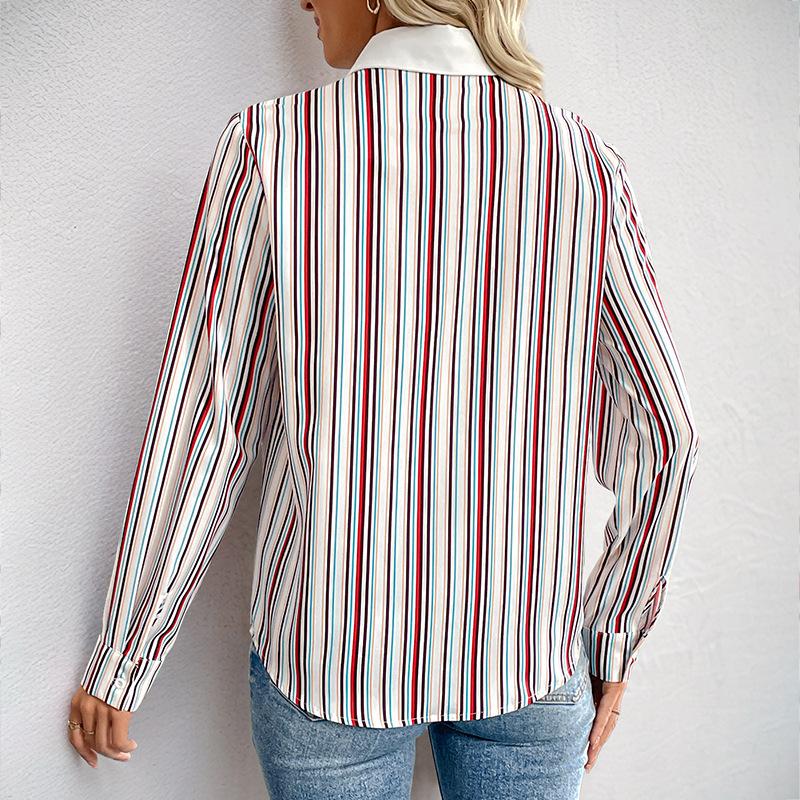 New Casual Commuter Basic Lapel Color Striped Shirt for Women