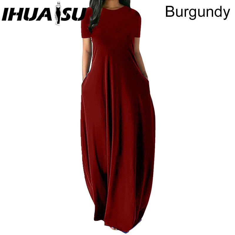 IHUASU Women Casual Loose Long Dress O-Neck Short Sleeve Summer Beach Dress Elegant Party Dress