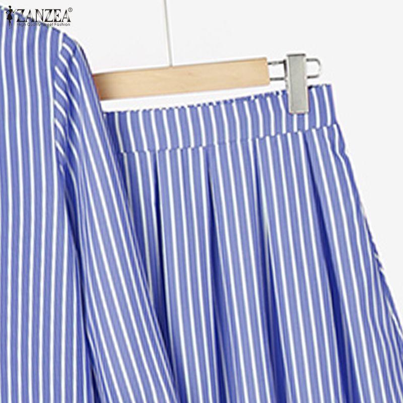 ZANZEA Women Casual Long Sleeve Blouse and Long Skirts Stripe Print Two Piece Suit Sets