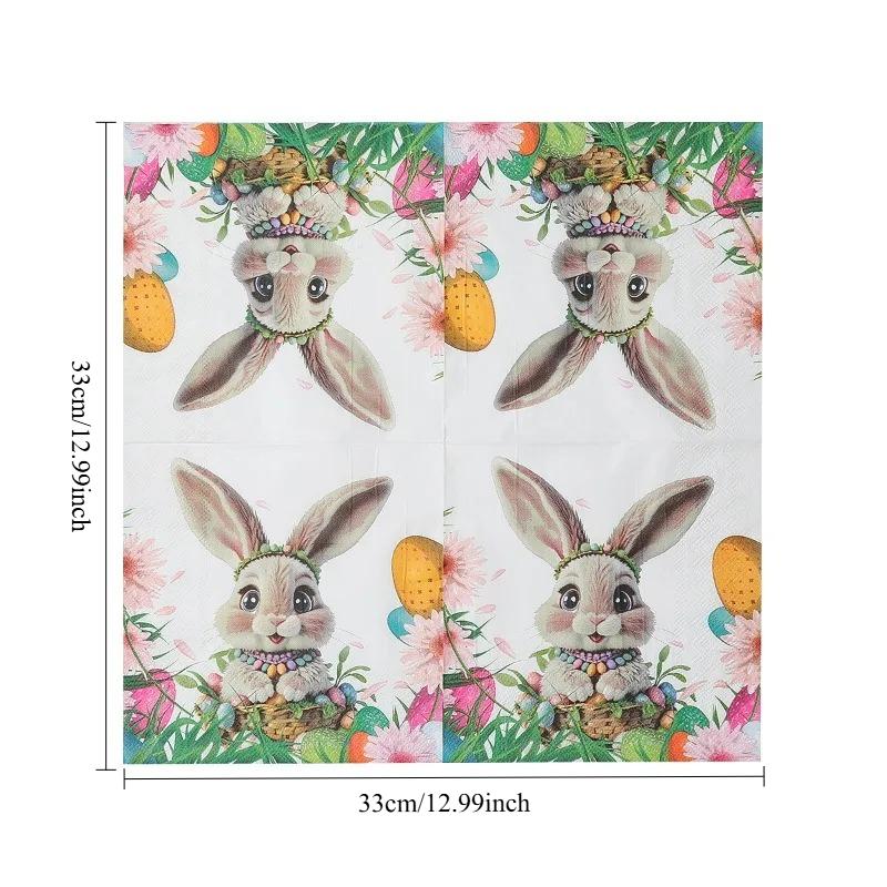 Easter Napkins, 33x33cm 2-Ply with Cute Bunny, Flower Wreath & Easter Eggs Pattern for Easter Party Table Decor, 20pcs