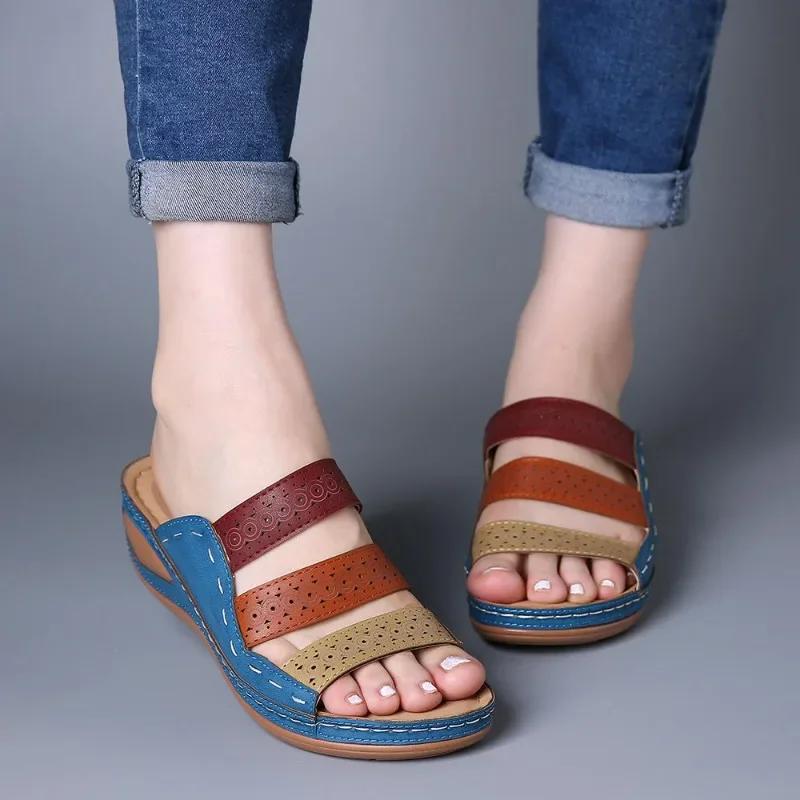 Wedge Slippers Women's Summer New Vintage Hollow Thick Soled Slippers Match Color Word with Women's Shoes
