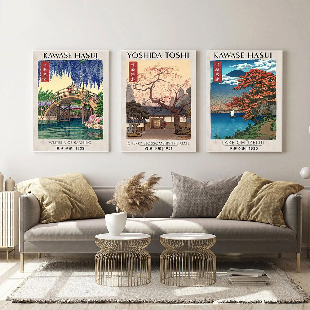 Japanischer Holzschnitt-Stempel, 3er-Set, Posterdrucke, Ausstellung, Gartenwand, Leinwandmalerei, Retro-Landschaft, Heimdekoration, kein Rahmen