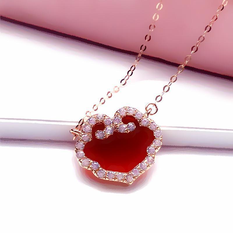 Color Gold Retro Bright Diamond Red Stone Wishful Lock Necklace Plated Rose Gold Pure Purple Gold Light Luxury Set Chain