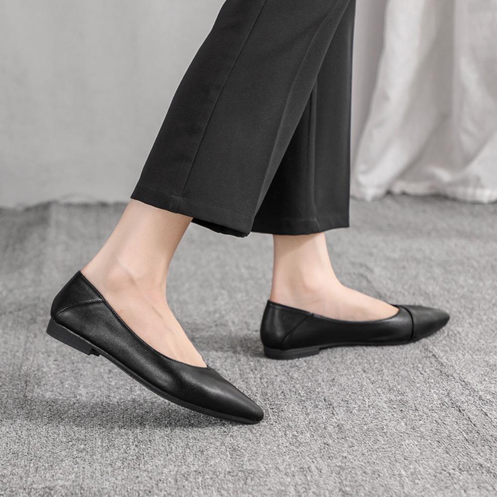 Women's Black Pointed-Toe Work Shoes - Soft Leather Shallow Mouth, Flat Soft-Soled, Comfortable for Interview/Flight Attendant, XCY36-357