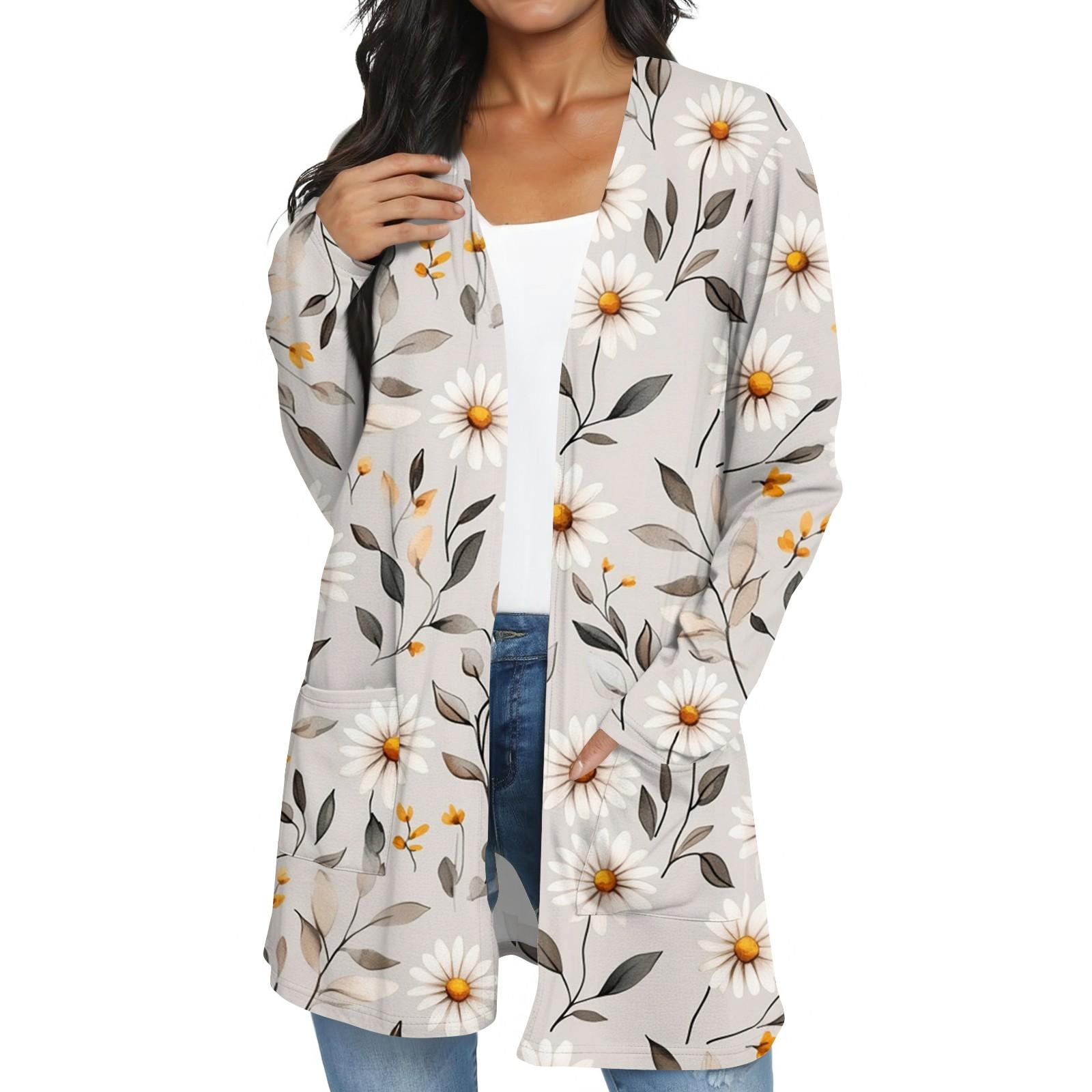 

Women s Fashion Casual Retro Floral Print Mid-Length Cardigan Jacket M