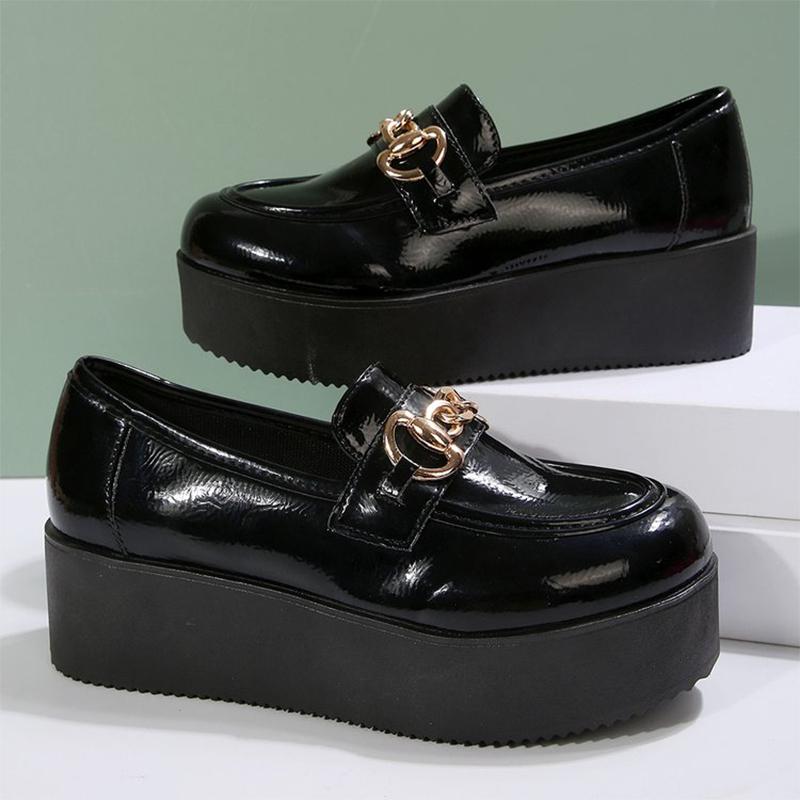 Mote Elegante Chunky Hæl Loafers Sko Kvinner Metall Detor Svarte Kilesko Kvinne Vår Høst PU Lær Loafers Sko Damer