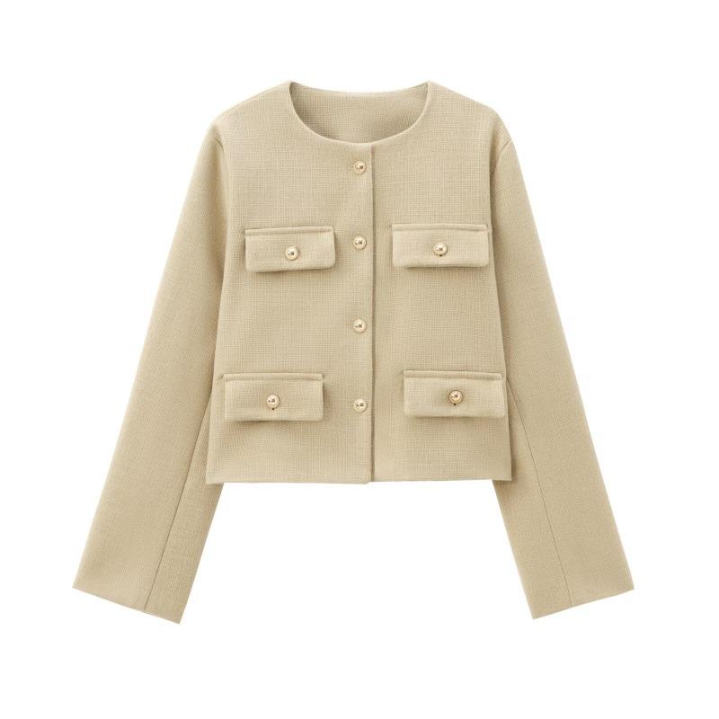 Women Fashion Autumn Winter Single-breasted Textured Round Neck Flip Pocket Short Jacket Coat Chic Ladies Tops Mujer