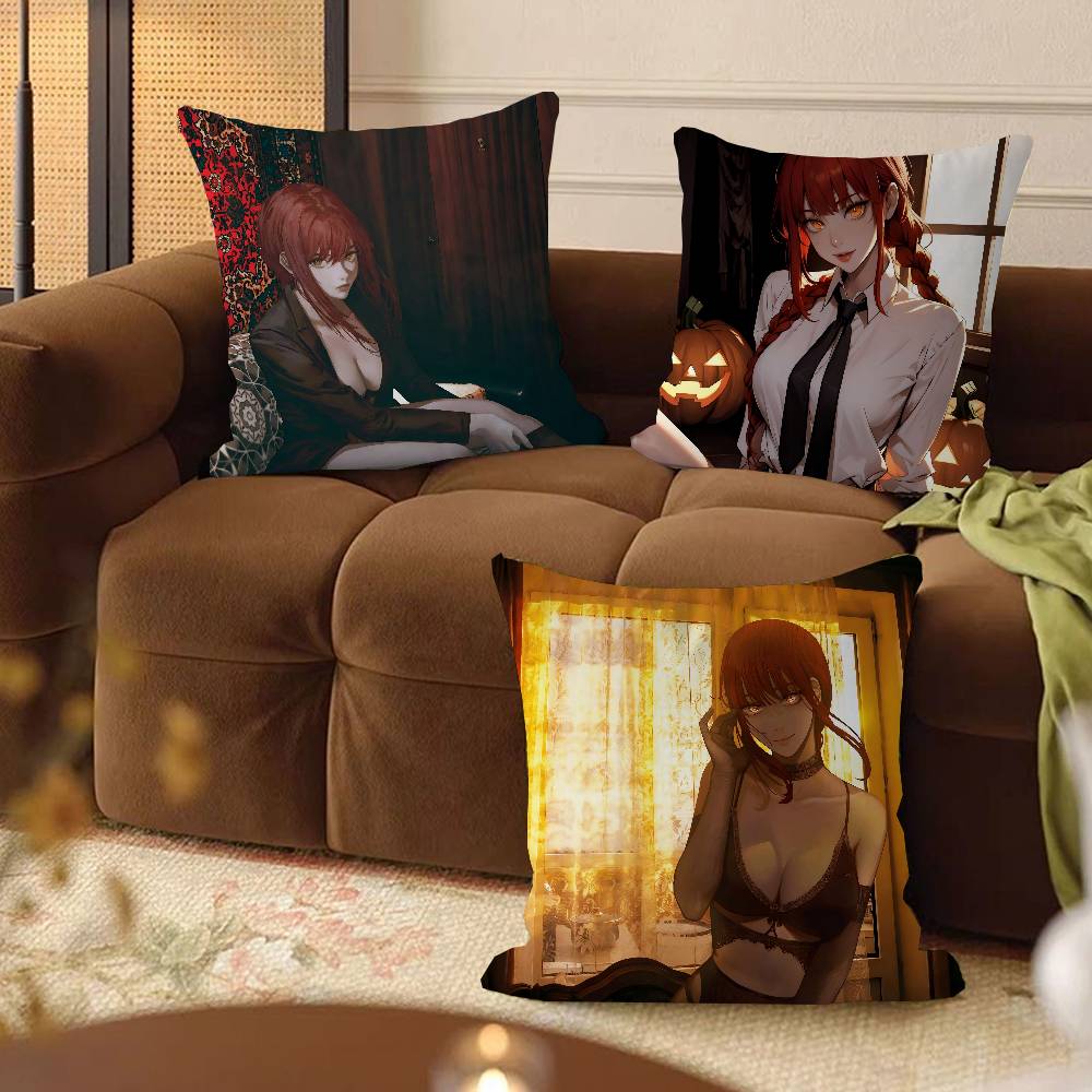 Anime M-Makima Throw Pillow Cover 45x45cm Soft Cozy Cotton Decorative Pillowcase Covers With Zipper For Couch Sofa Bedroom