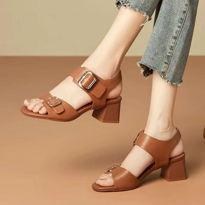 High heels women's 2024 summer new elegant retro square head word with rear zipper open toe thick heel sandals women