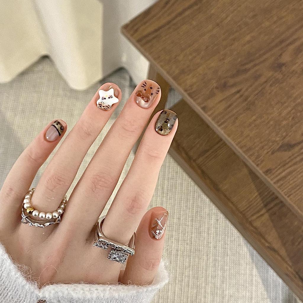Meilade Cat Eye Leopard Print Amber Nails - Hand-Painted Cute & Cool Autumn/Winter Wearable