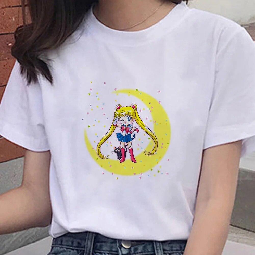 Cartoon Anime Sailor Graphic Moon Print 100 % Baumwolle T-Shirt Mode Goth Girl Kleidung Kurzarm Übergroßes Unisex Frauen T-Shirt Unisex