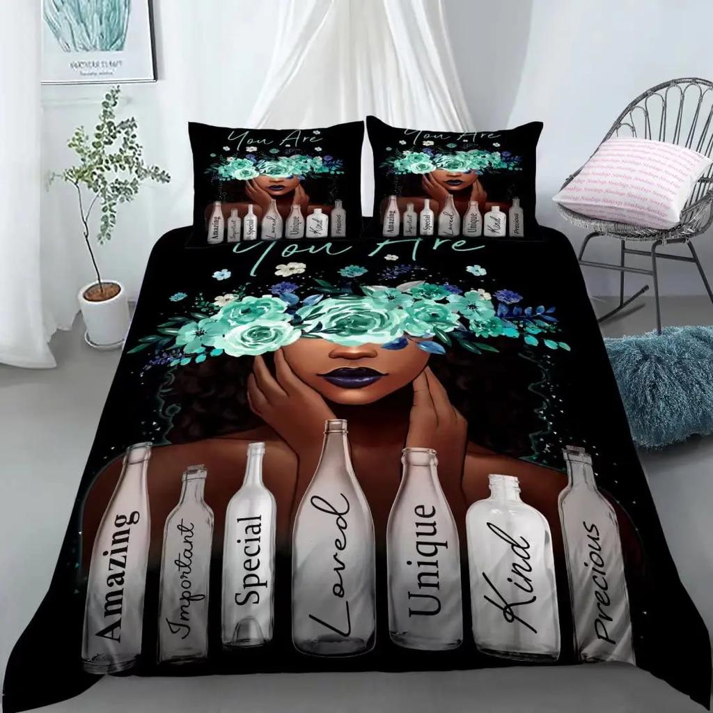 American Black Girl Duvet Cover SetBlack Girl Magic Bedding Set Full SizeCute Little Afro Black Princess Comforter Cover Sets