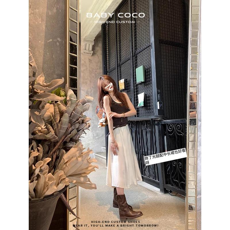 Sheepskin~ V-mouth western cowboy boots women's autumn and winter Maillard thin boots thick heel medium tube desert boots locomotive short boots