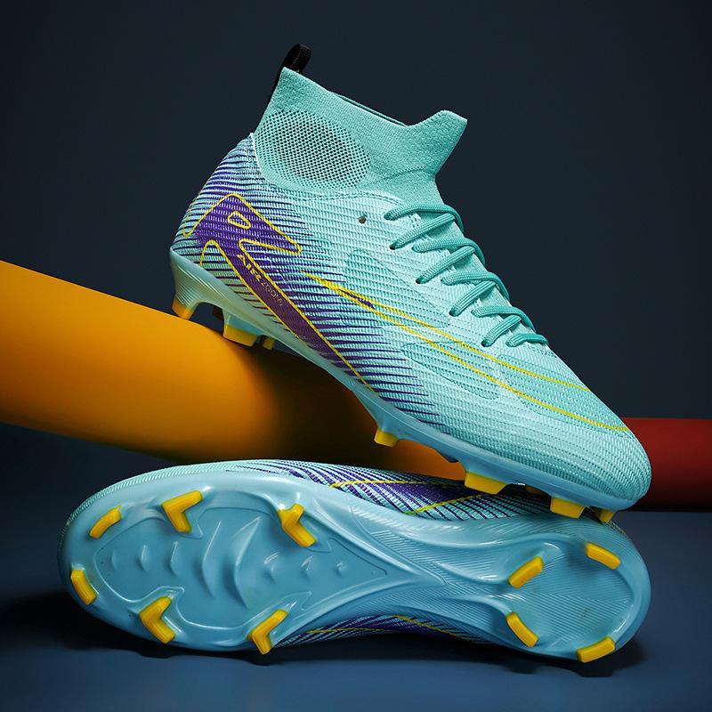 New High-top Student Football Shoes, Fly-woven Socks, Artificial Flat AG Nail Leather Foot Training Shoes for Men and Women