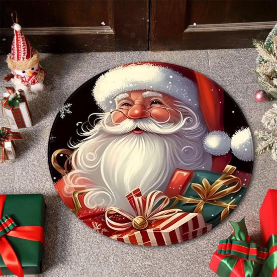Christmas Floor Mat Round Santa Claus Xmas Area Rug Anti-Slip Absorbent Gingerbread Man Carpet for Festive Home Entrance Living Room Decor