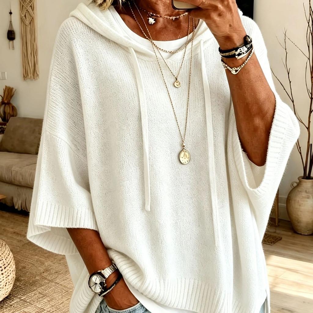 Women's Casual Hooded Sweatshirt, Bat Sleeve Knitted Sweater, Warm Sweater, Knitted Hooded Drawstring Sweater, Knitted Loose Fitting Outerwear