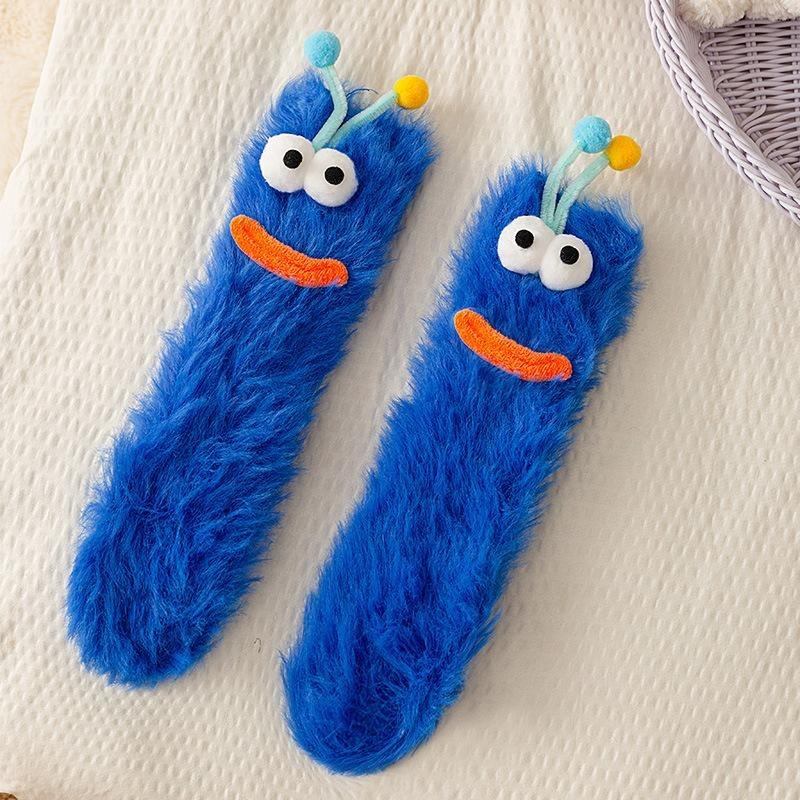 1 Pair Cartoon Socks Funny Expression Decoration Animal Big Eyes Thick Fuzzy Plush Warmth Retention Fall Winter Floor Socks Holiday Gift