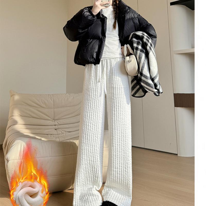 White Cotton Wide-leg Pants for Women In Autumn and Winter New Loose Straight Plus Velvet Sweatpants for Laziness Style Sports Wide-leg Pants