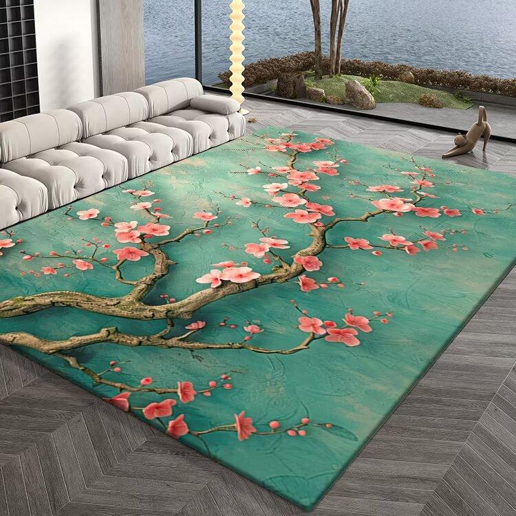 Elegant Fine 3D Peony Floral Pattern Carpet Mat Blue Pink Gold Relief Rug for Living Room Bedroom Hotel Luxury Home Decoration