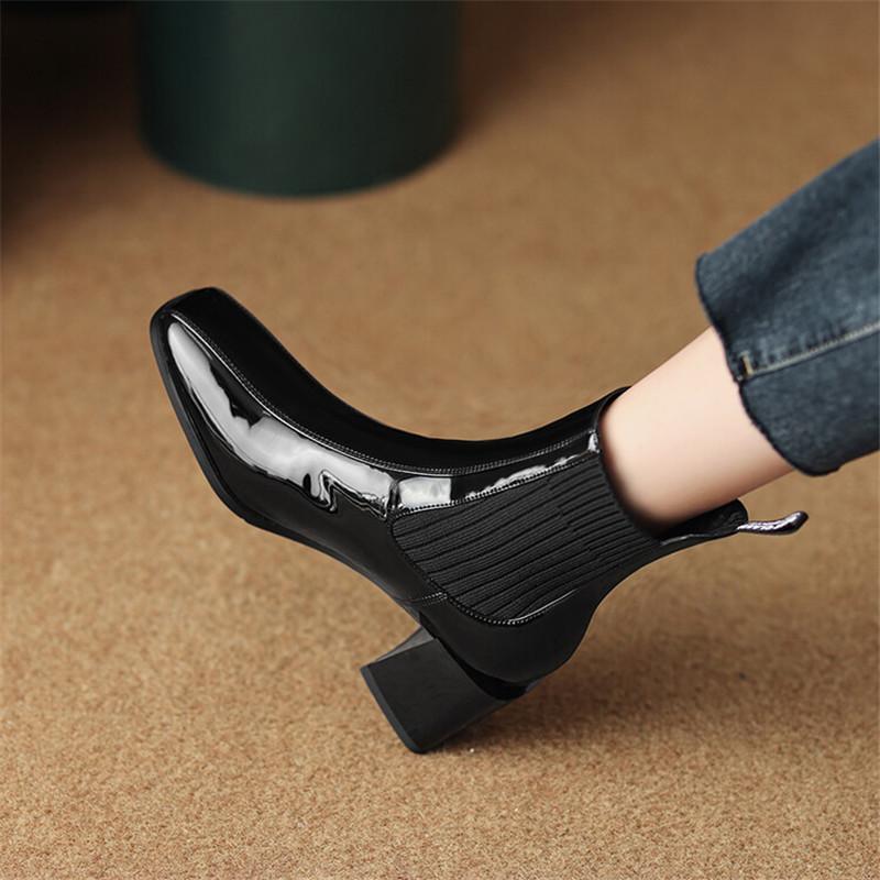 Mode Nouvelles Bottes d'Hiver en Cuir Verni pour Femmes, Bout Carré, Bottines Courtes de Mode, Bottes Chelsea Faites Main, Talons Hauts