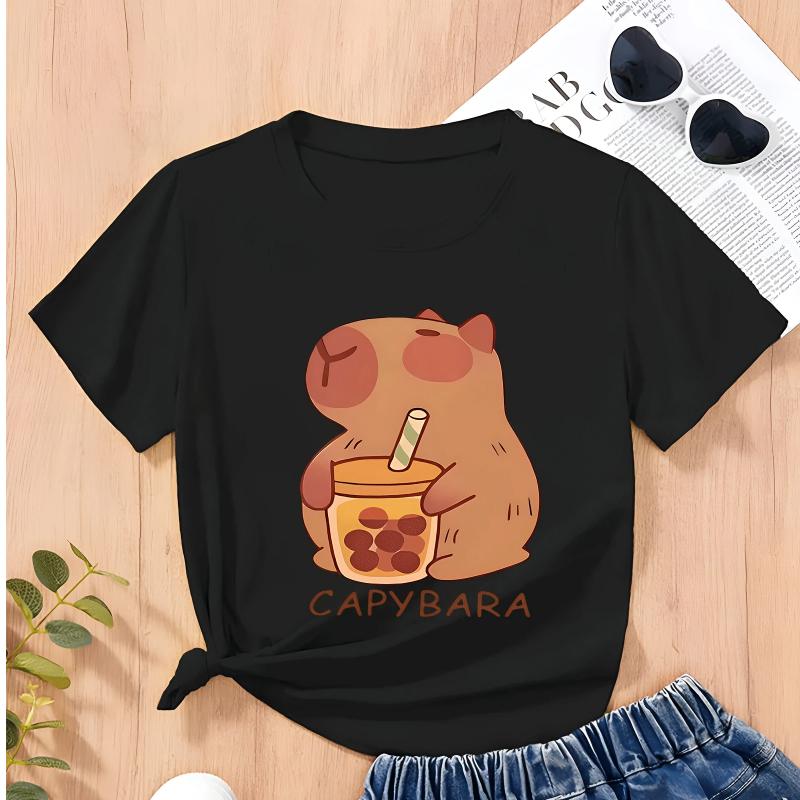 Pure Cotton T-shirt "CAPYBARA Capybara Milk Tea" Print, Fashionable Children's Round Neck Breathable Short-sleeved for Girls.