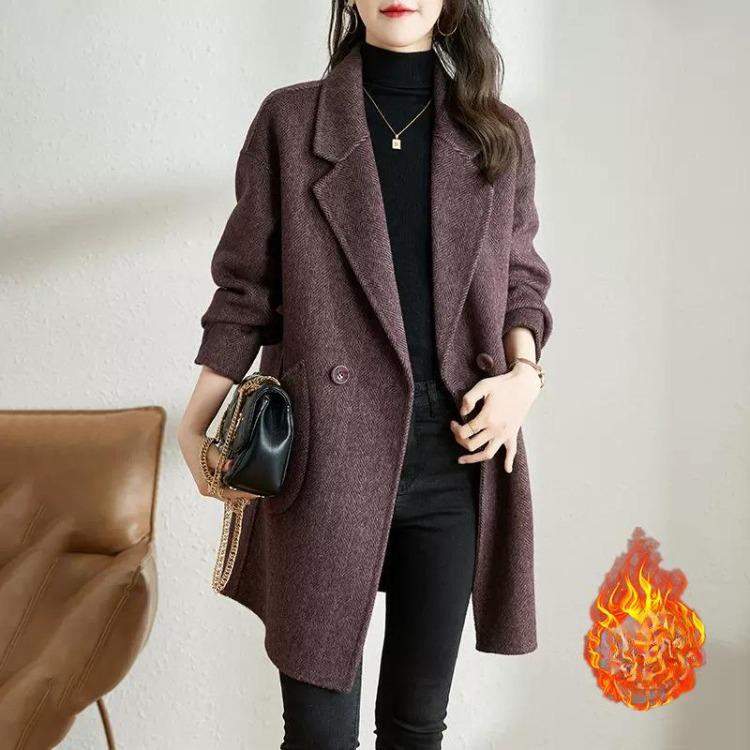 Korean Version Women's Woolen Coat New Autumn Winter Thickened Medium Long Herringbone Temperament