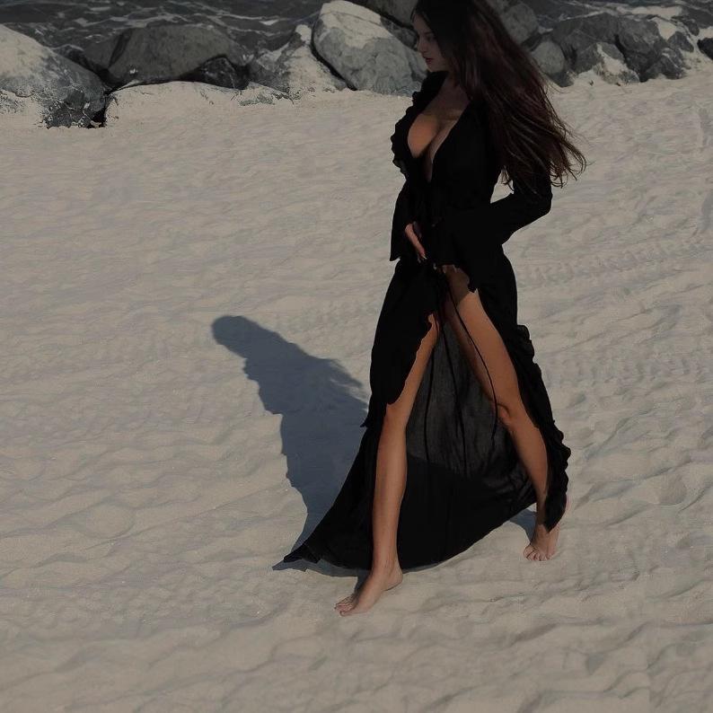 Europe and America Vacation Beach Long Sleeve Lace Cardigan Dress - Sun Protection Bikini Cover-up