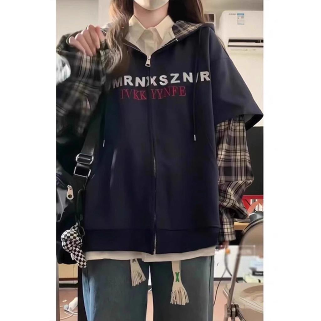 Contrasting fake two-piece splicing plaid cardigan navy blue sweater jacket trendy women