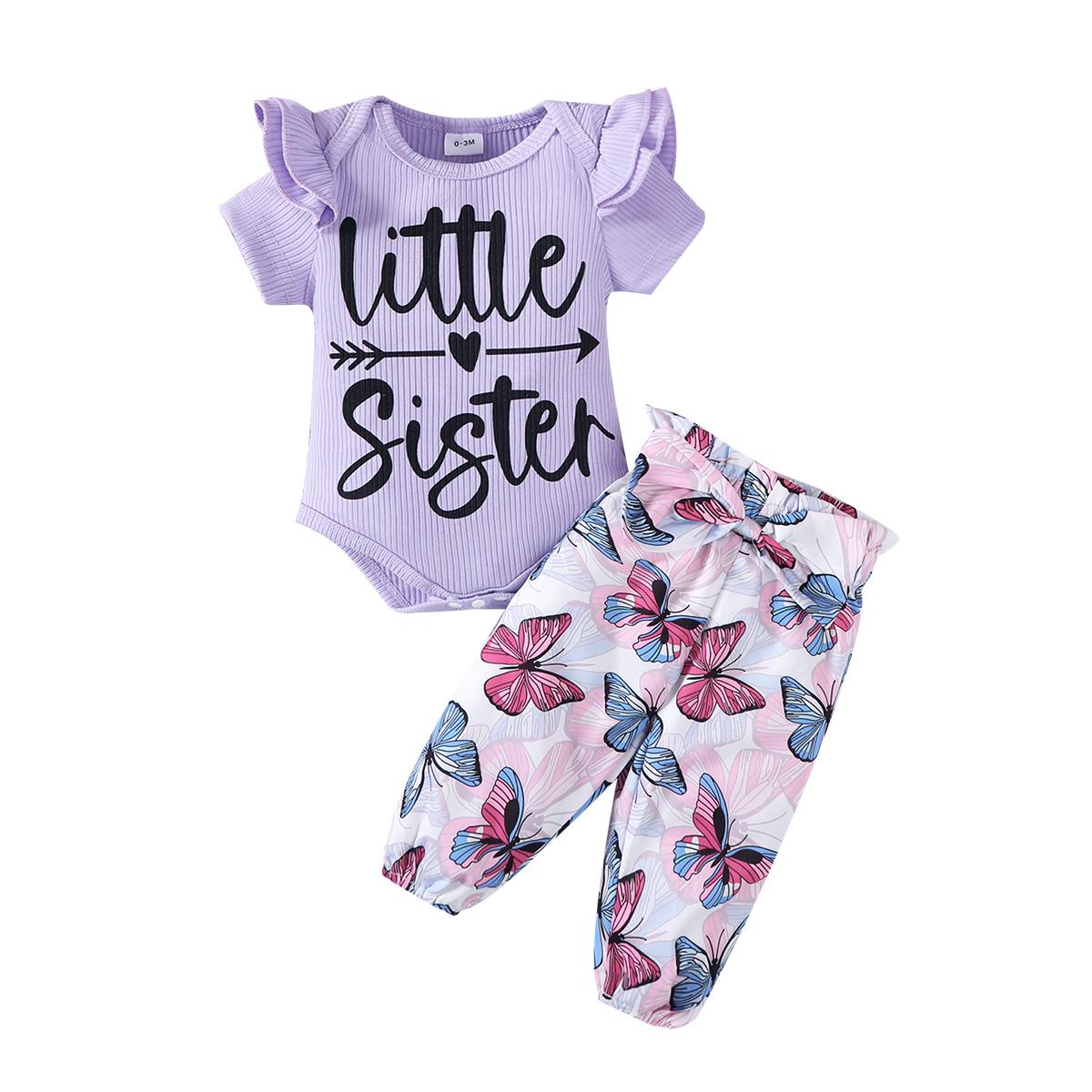 0-18 Months Newborn Baby Girl Short Sleeved Clothing Set Purple Bodysuit+Colorful Butterfly Pants Summer Toddler Girl Clothes 0-3M фиолетовый