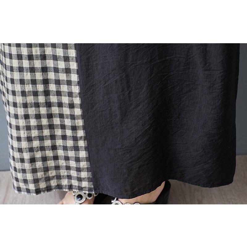 DIMANAF 2025 Plus Size Summer Women Long Dress Oversized Vintage Basic Plaid V-Neck Casual Loose Dress