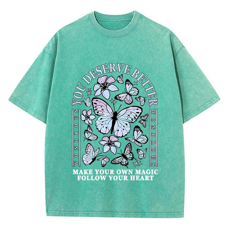 Modische gewaschene T-Shirts für Damen Sie verdienen Besseres Schöne Schmetterlings-Print-Tops Baumwolle Oversize Rundhals-T-Shirts Kleidung