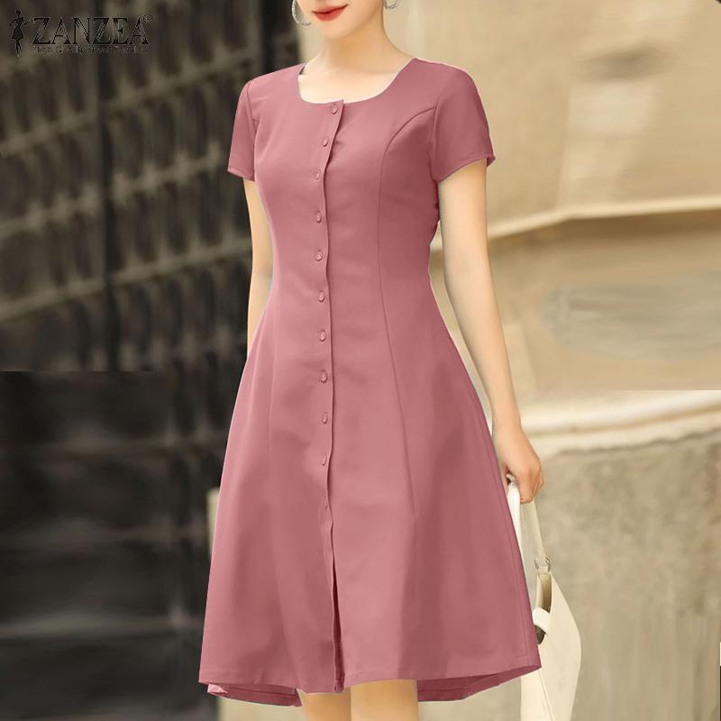 ZANZEA Women Casual Round Neck Summer Short Sleeve Dress