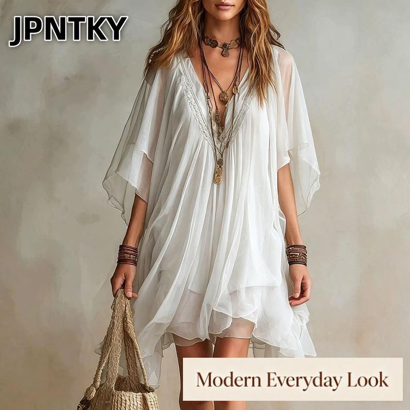 JPNTKY Moda Estiva Primaverile Colore Unico Stampa Manica Corta Scollo a V Abiti Casual
