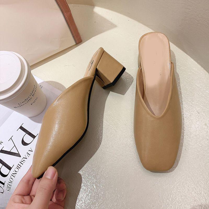 Fashion Comemore Baotou Half Slippers Women Summer New Outer Wear Fashion Solid Color Square Toe Thick Heel High-heeled Women's Shoes