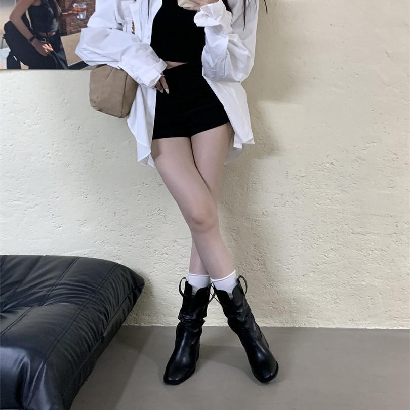 Inner Height Increasing Brown Suede V-Mouth Pile Medium Tube Martin Boots Women's Boots 2025 Autumn High Heel Short Boots Skinny Boots