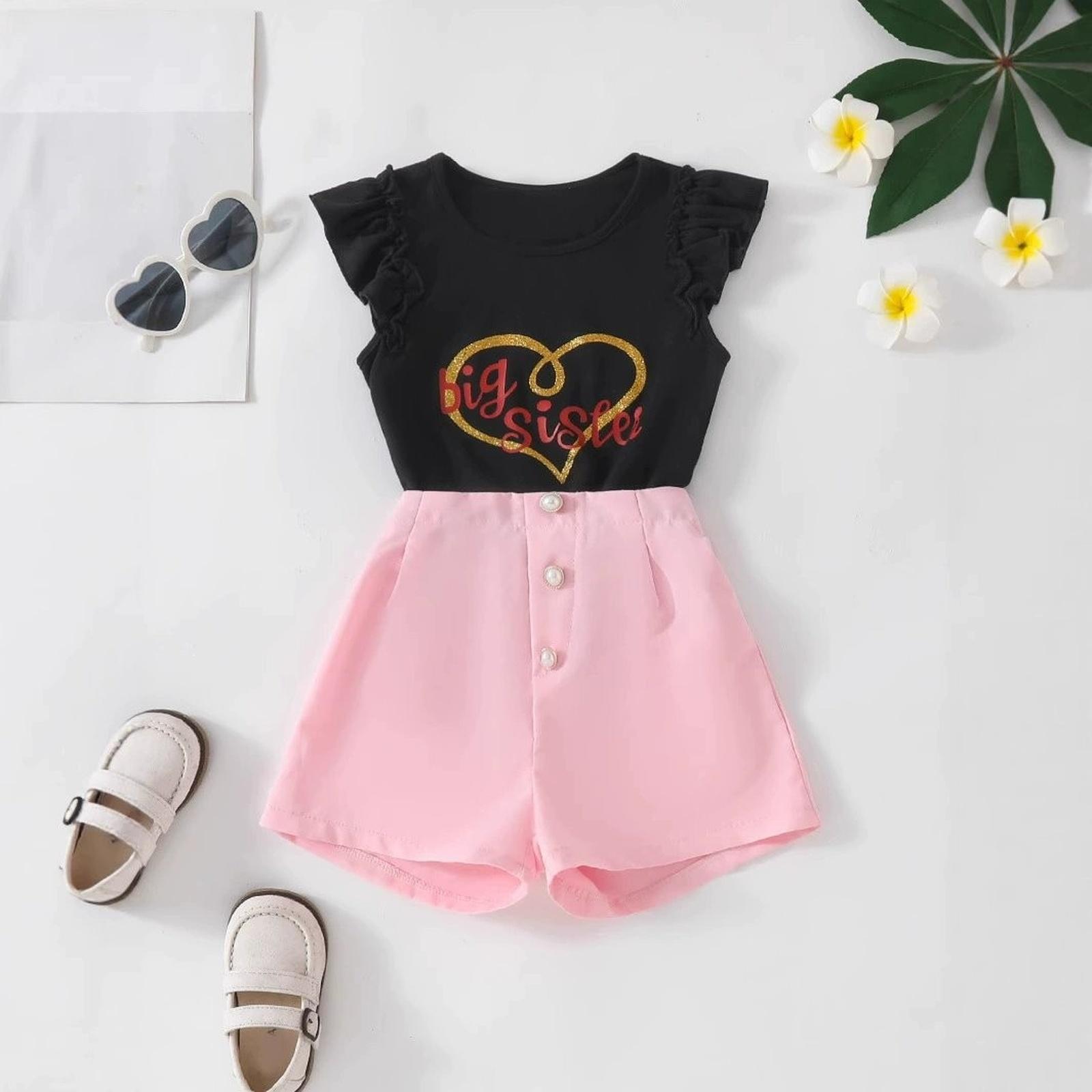 

Heart Print Sleeve Tee & High Waist Slim Suit Shorts 100