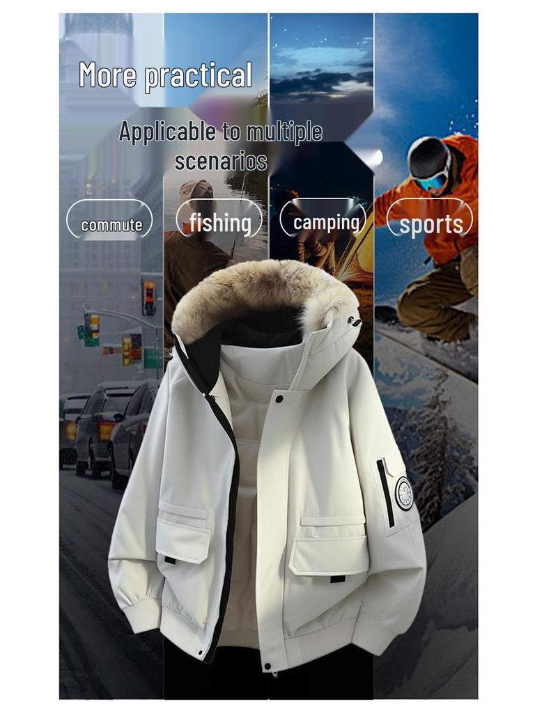 Men's Unisex Windproof Winter Workwear Down Jacket with Warm Hood & Large Fur Collar