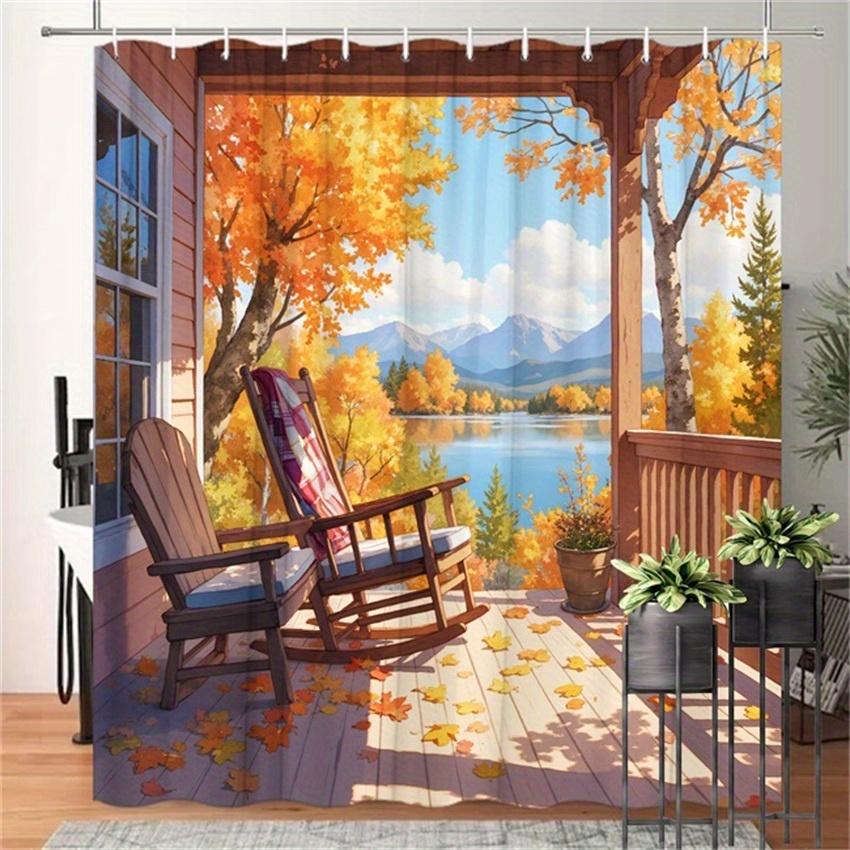 

Autumn Shower Curtain - Rocking Chair & Plaid Blanket, Foliage, Lake & Mountains, Polyester, 12 Hooks, 70.8x70.8 Inches W90XH180cm