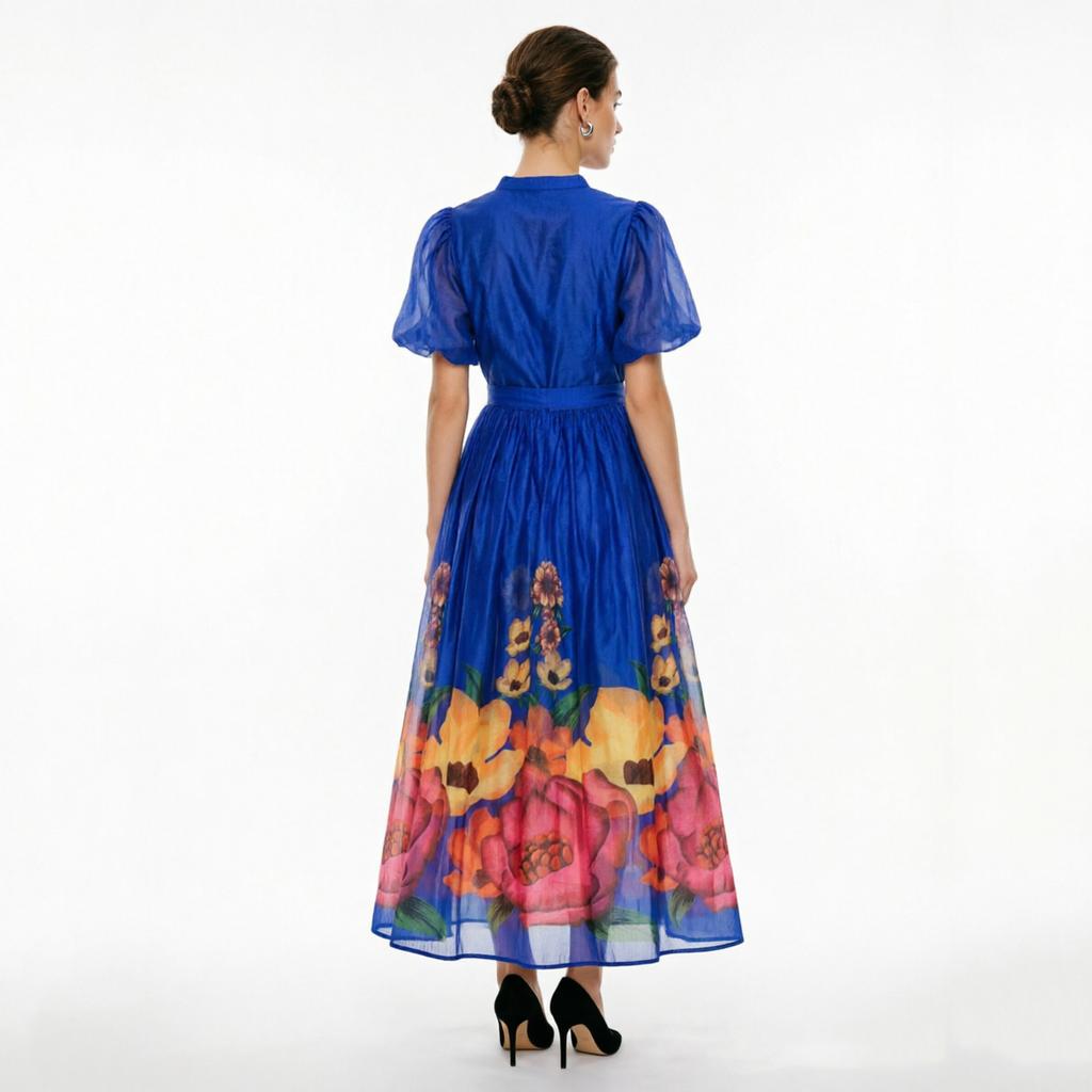 French Vintage Flower Maxi Dress Women Puff Sleeve V-Neck Elegant Floral Print High Waist Sashes A-Line Summer Beach Long Maxi Dresses