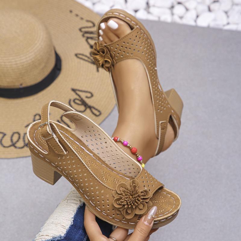 Large Size Flower High-heeled Sandals Women's 25 New Fashion Casual Buckle Solid Color Sandals