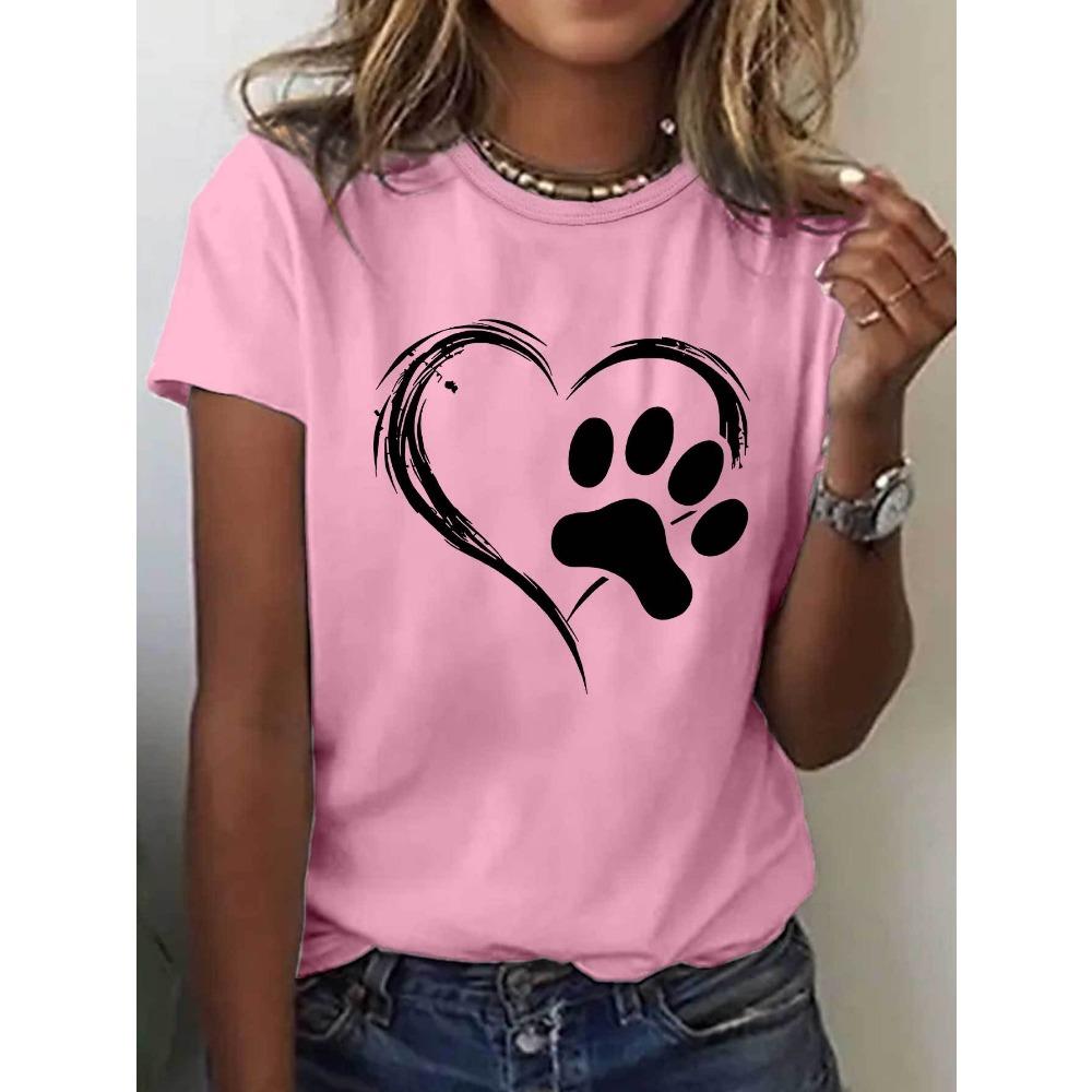 Women's Casual Sleeve Round Neck Playful Heart Paw Print Design Stretch Fabric Spring Attire Clothes