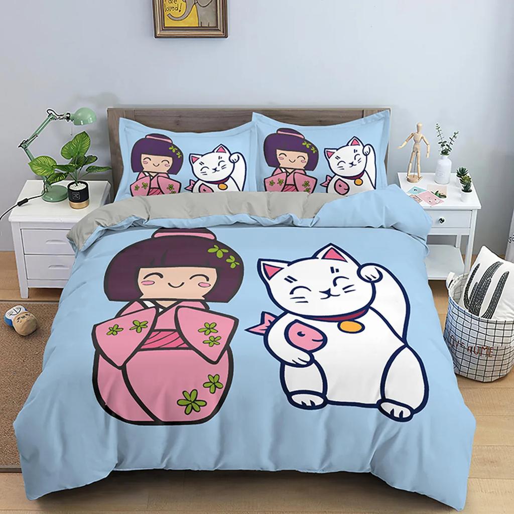 Japanese Good Luck Doll Printed Duvet Cover Cartoon Lucky Cat For Kids Girls Women Fan White Quilt Cover Bedroom Decorations