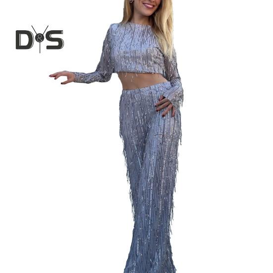 2Pcs/Set Women Tassel Sequin Party Outfit Set O Neck Long Sleeve Cropped Tops High Waist Wide Leg Long Pants Set